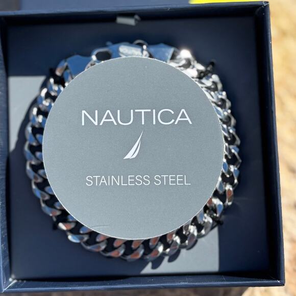 Nautica mens stainless steel Cuban link chain bracelet 8.5 in lobster clasp NIB - Picture 5 of 16